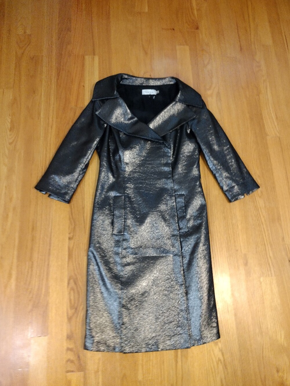 Rickie Freeman Teri Jon Black Metallic Shimmer Coat Dress Gown Size 8 Silver - Picture 4 of 6